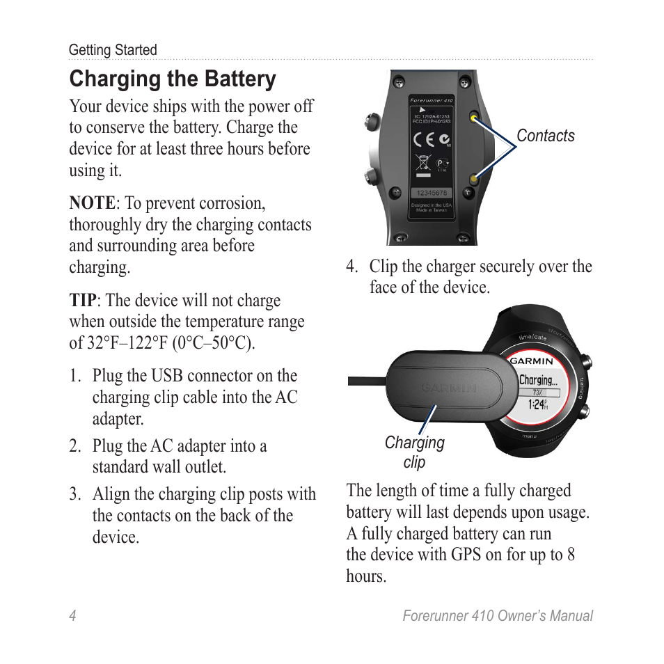 Charging the battery | Garmin Forerunner 410 User Manual | Page 10 / 52