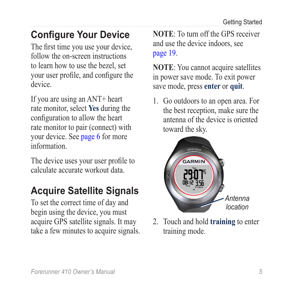 Configure your device, Acquire satellite signals | Garmin Forerunner 410 User Manual | Page 11 / 52