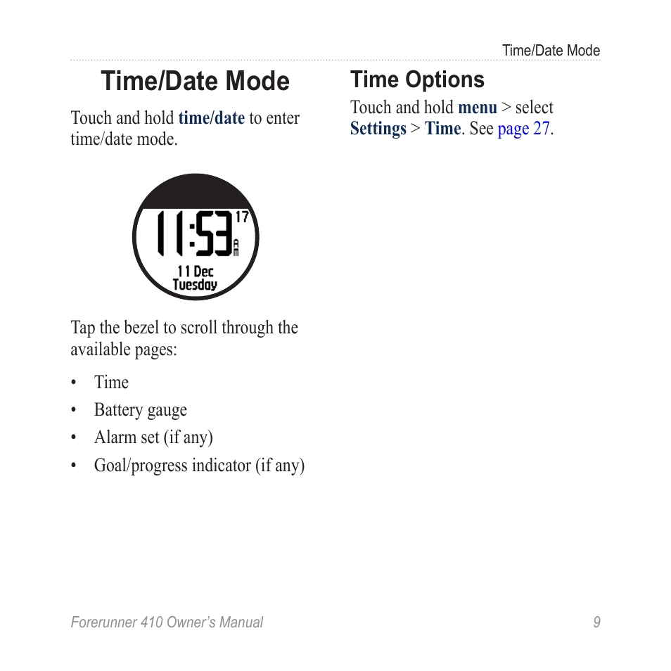 Time/date mode, Time options | Garmin Forerunner 410 User Manual | Page 15 / 52