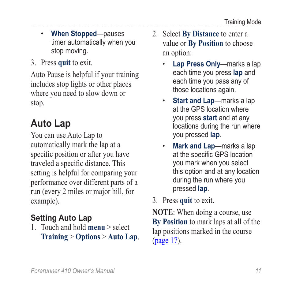 Auto lap | Garmin Forerunner 410 User Manual | Page 17 / 52