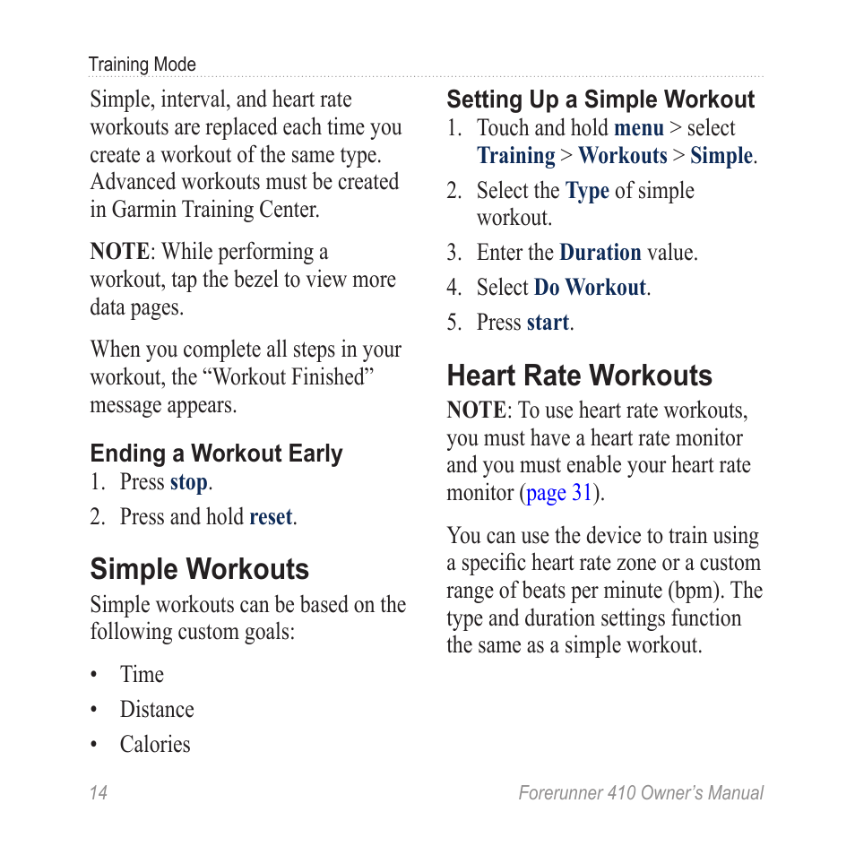 Simple workouts, Heart rate workouts | Garmin Forerunner 410 User Manual | Page 20 / 52