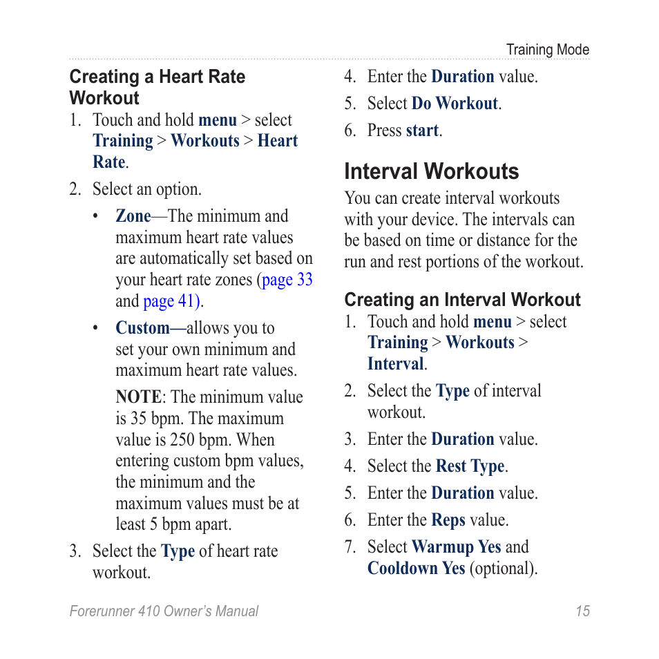 Interval workouts | Garmin Forerunner 410 User Manual | Page 21 / 52