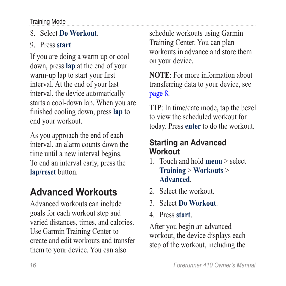 Advanced workouts | Garmin Forerunner 410 User Manual | Page 22 / 52