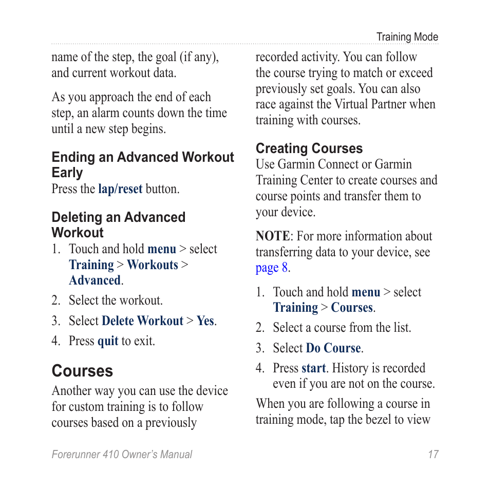 Courses | Garmin Forerunner 410 User Manual | Page 23 / 52