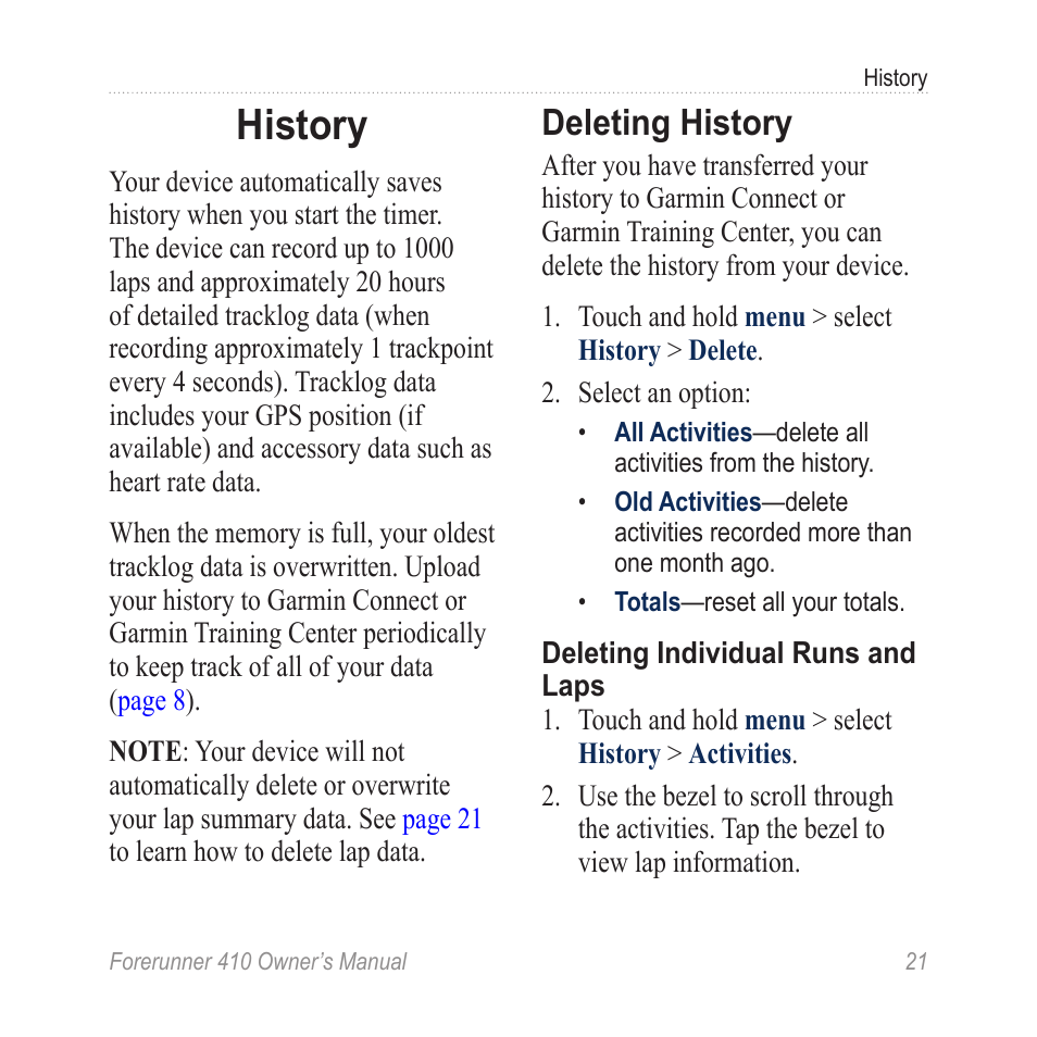 History, Deleting history | Garmin Forerunner 410 User Manual | Page 27 / 52