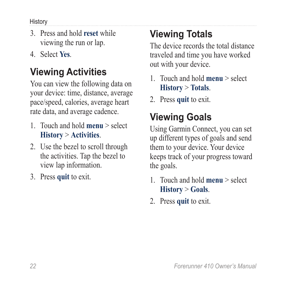 Viewing activities, Viewing totals, Viewing goals | Garmin Forerunner 410 User Manual | Page 28 / 52