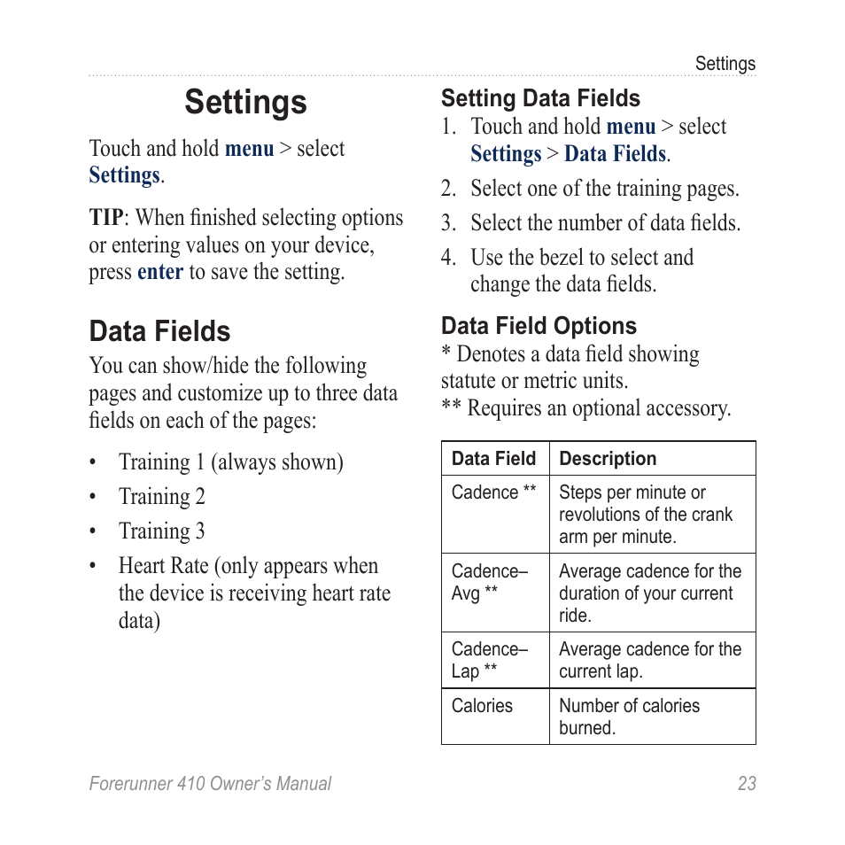 Settings, Data fields | Garmin Forerunner 410 User Manual | Page 29 / 52