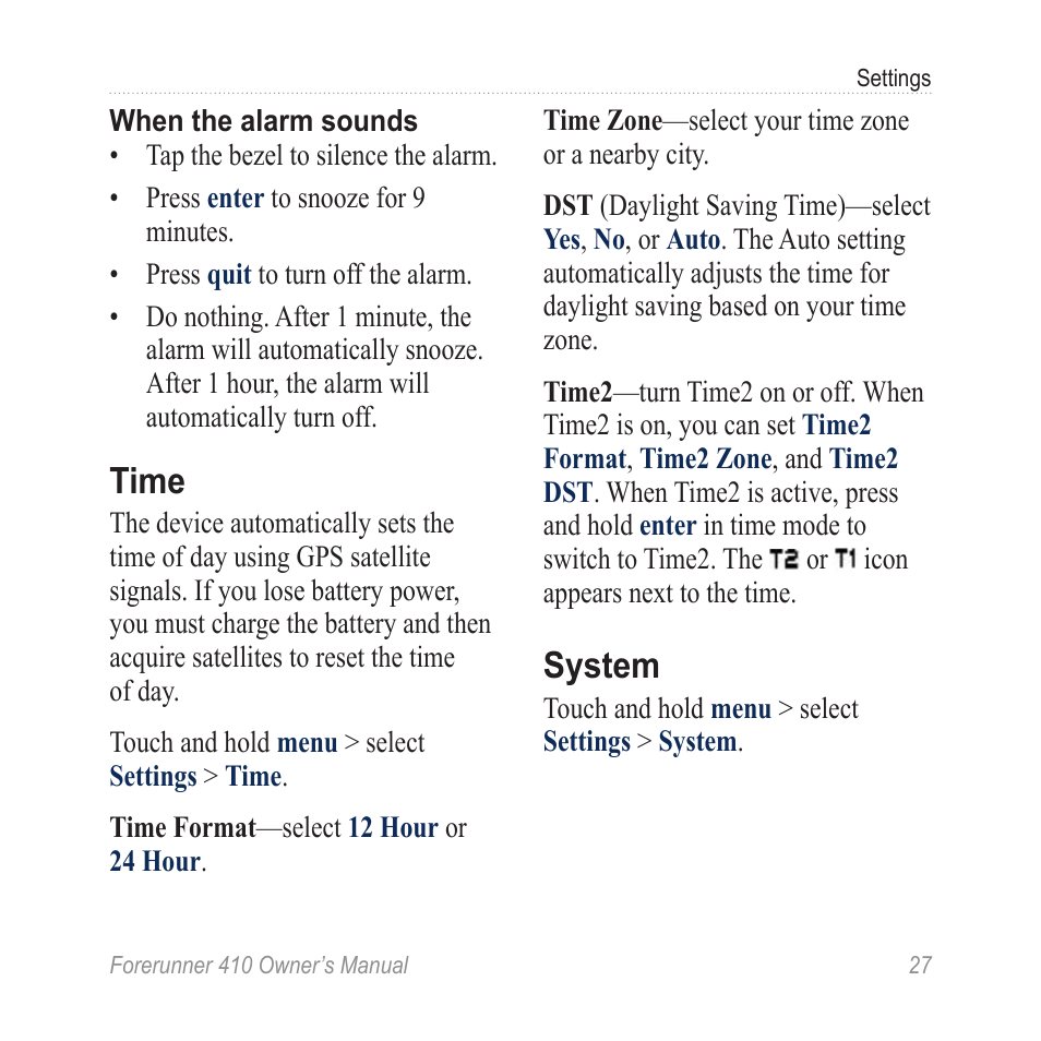 Time, System | Garmin Forerunner 410 User Manual | Page 33 / 52