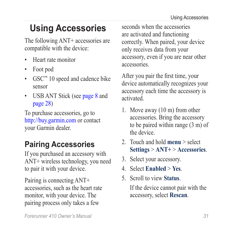 Using accessories, Pairing accessories | Garmin Forerunner 410 User Manual | Page 37 / 52