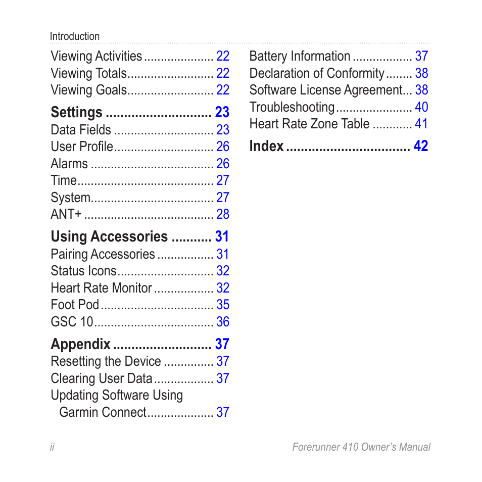 Garmin Forerunner 410 User Manual | Page 4 / 52