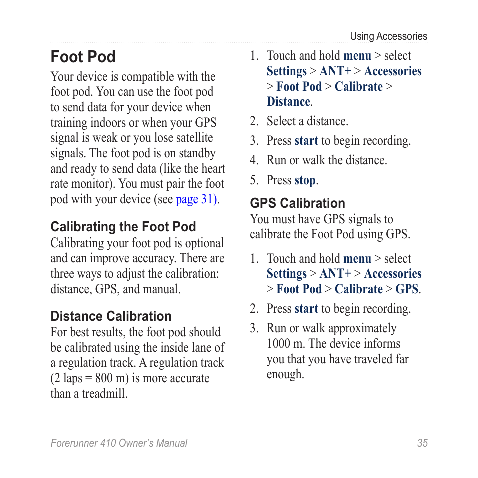 Foot pod | Garmin Forerunner 410 User Manual | Page 41 / 52