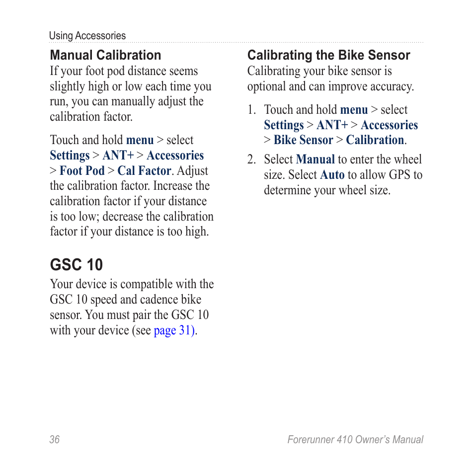 Gsc 10 | Garmin Forerunner 410 User Manual | Page 42 / 52