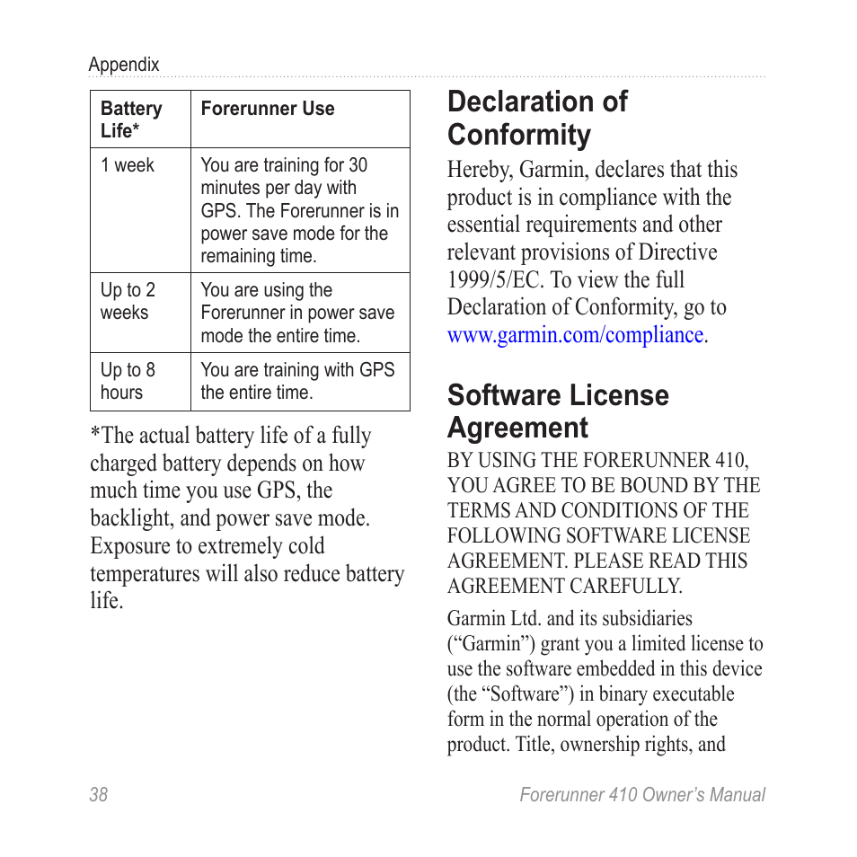 Declaration of conformity, Software license agreement | Garmin Forerunner 410 User Manual | Page 44 / 52