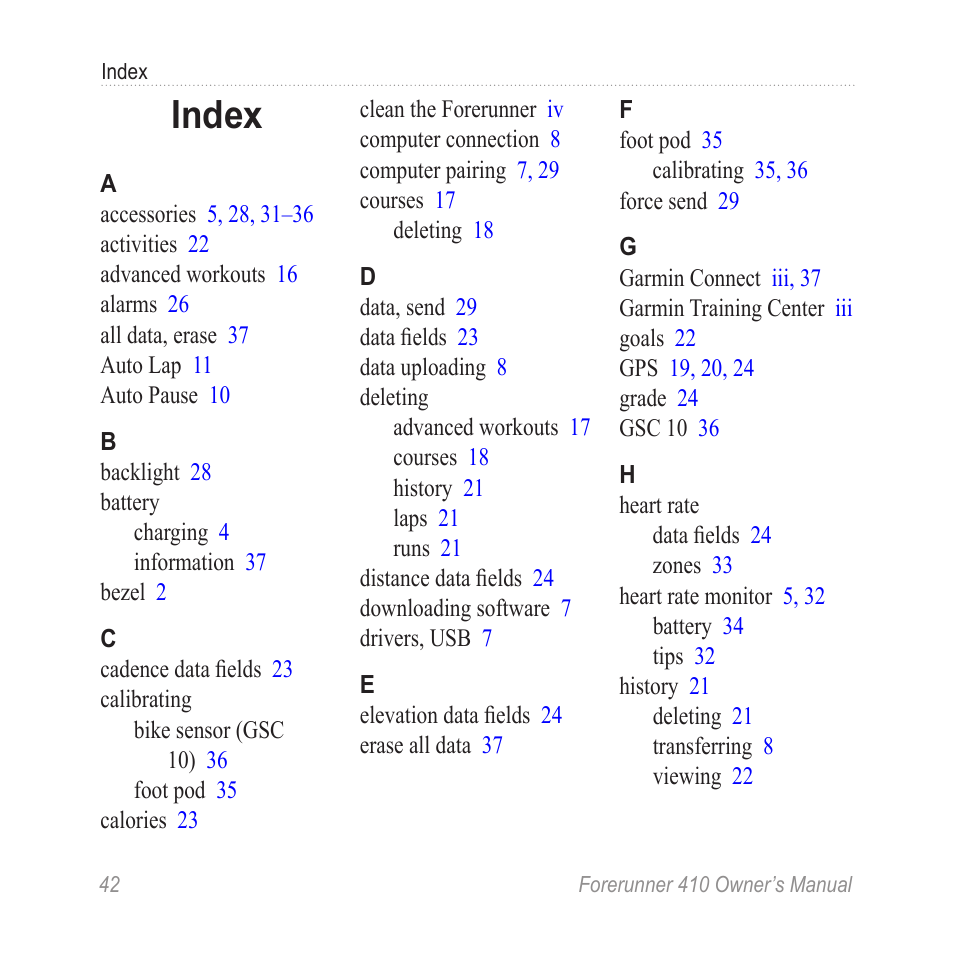 Index | Garmin Forerunner 410 User Manual | Page 48 / 52