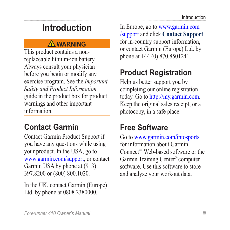 Introduction, Contact garmin, Product registration | Free software | Garmin Forerunner 410 User Manual | Page 5 / 52