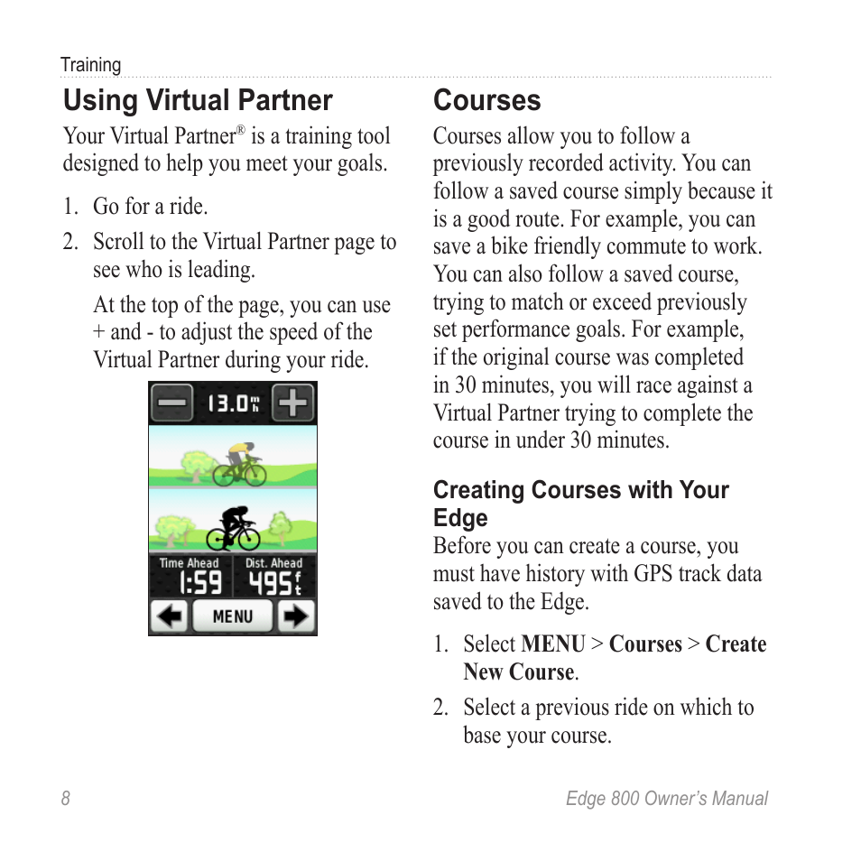 Using virtual partner, Courses | Garmin Edge 800 User Manual | Page 12 / 60