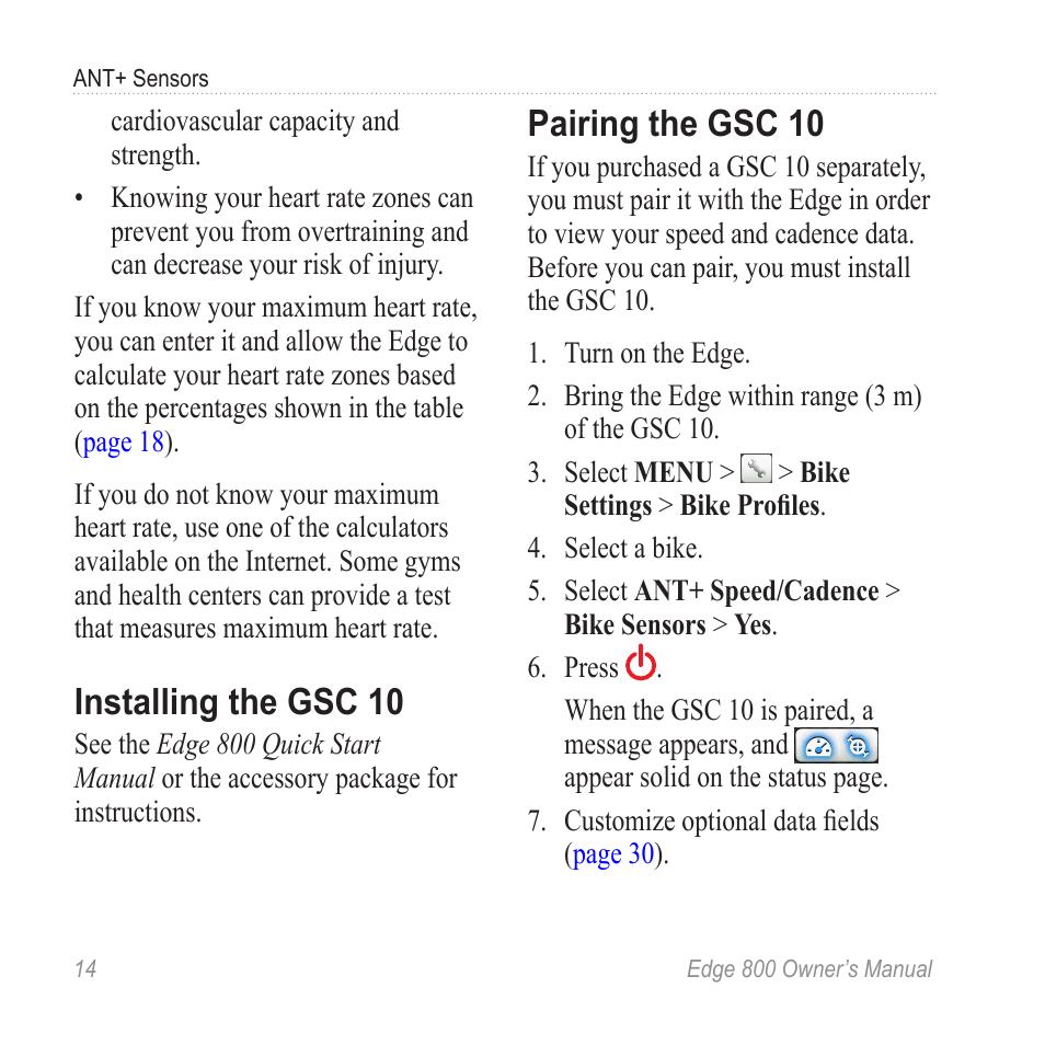 Installing the gsc 10, Pairing the gsc 10 | Garmin Edge 800 User Manual | Page 18 / 60