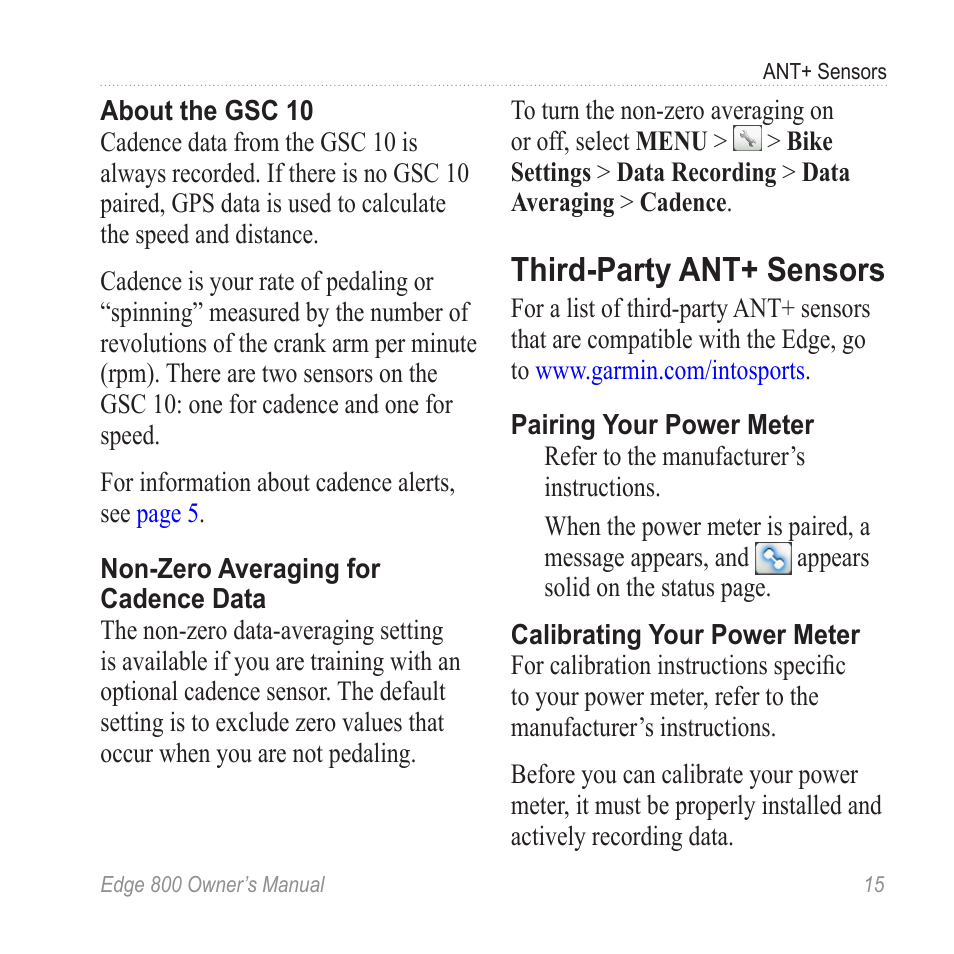 Third-party ant+ sensors | Garmin Edge 800 User Manual | Page 19 / 60