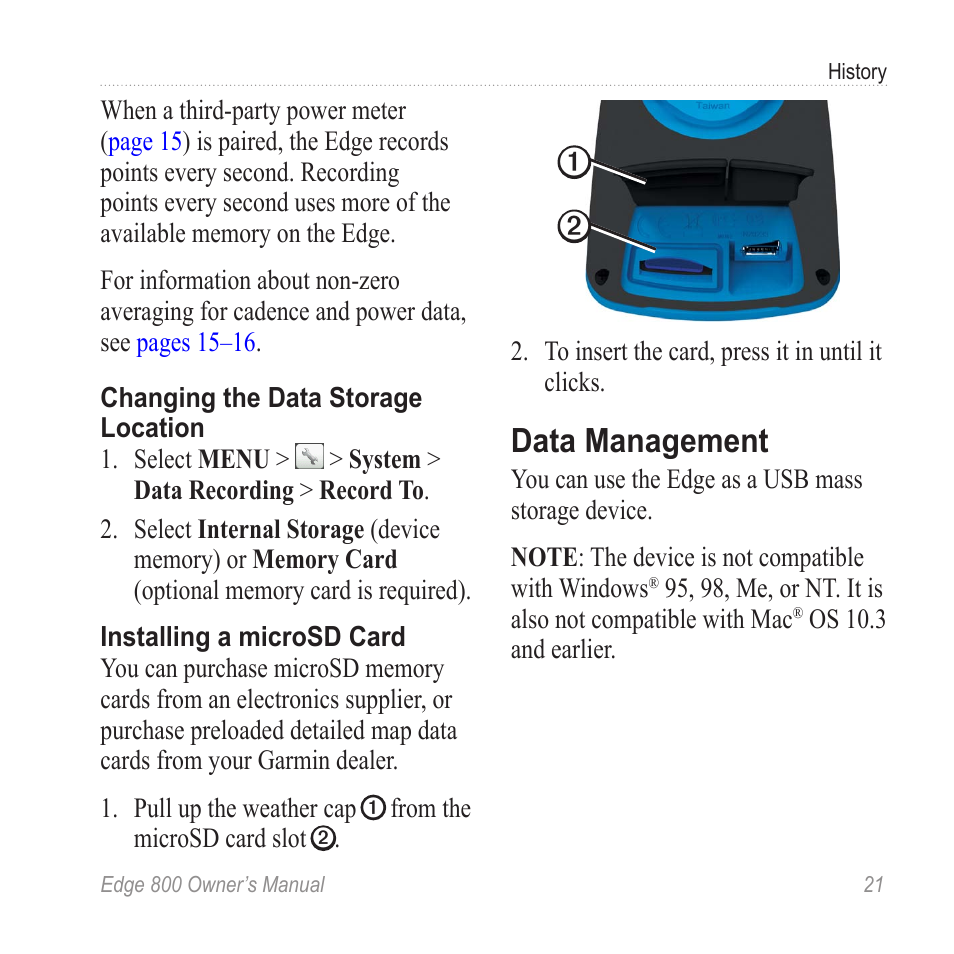 Data management | Garmin Edge 800 User Manual | Page 25 / 60