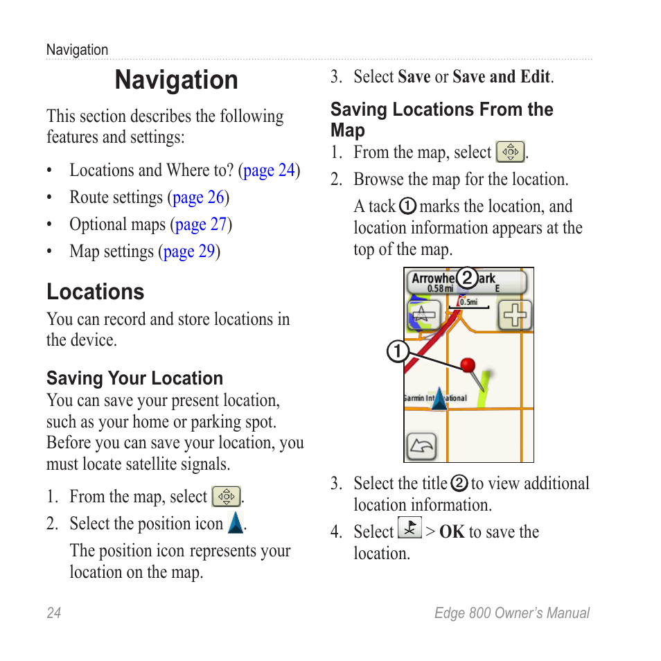 Navigation, Locations | Garmin Edge 800 User Manual | Page 28 / 60