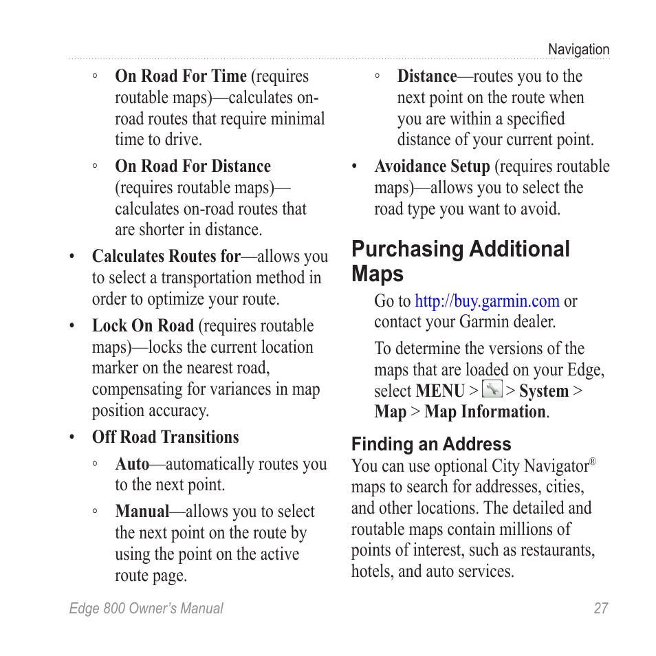 Purchasing additional maps, Optional maps | Garmin Edge 800 User Manual | Page 31 / 60