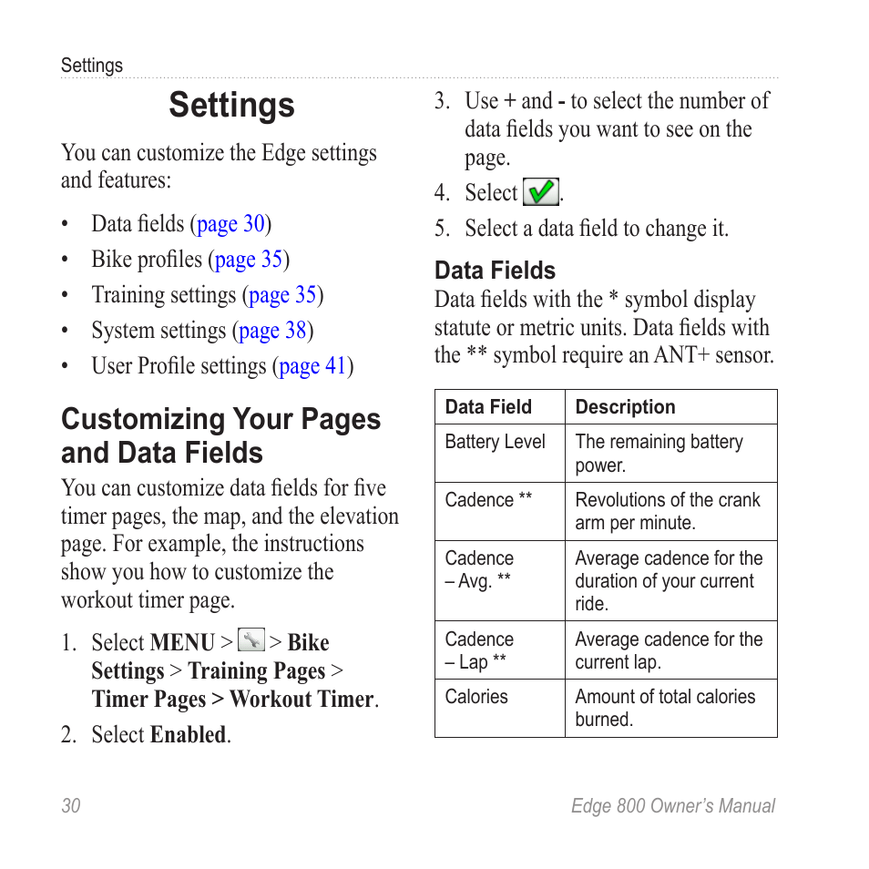 Settings, Fields, Customizing your pages and data fields | Garmin Edge 800 User Manual | Page 34 / 60