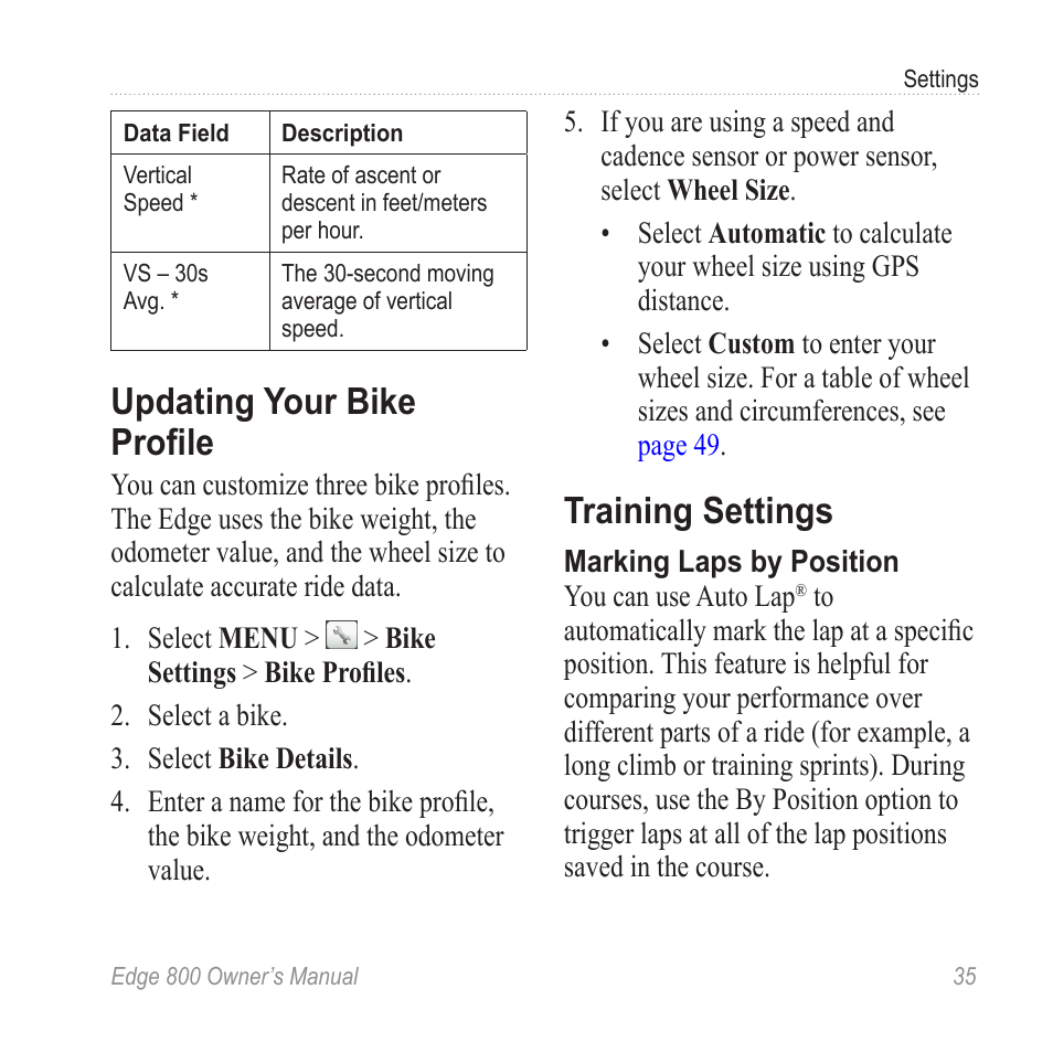 Updating your bike profile, Training settings, Bike profiles | Raining settings | Garmin Edge 800 User Manual | Page 39 / 60