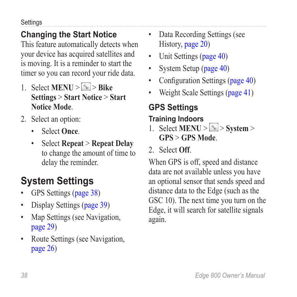 System settings | Garmin Edge 800 User Manual | Page 42 / 60