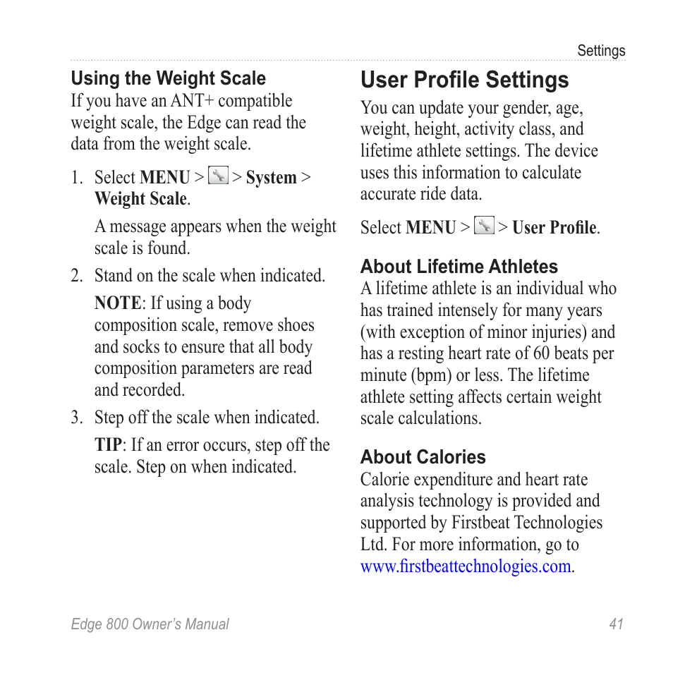 User profile settings, Eight scale settings | Garmin Edge 800 User Manual | Page 45 / 60