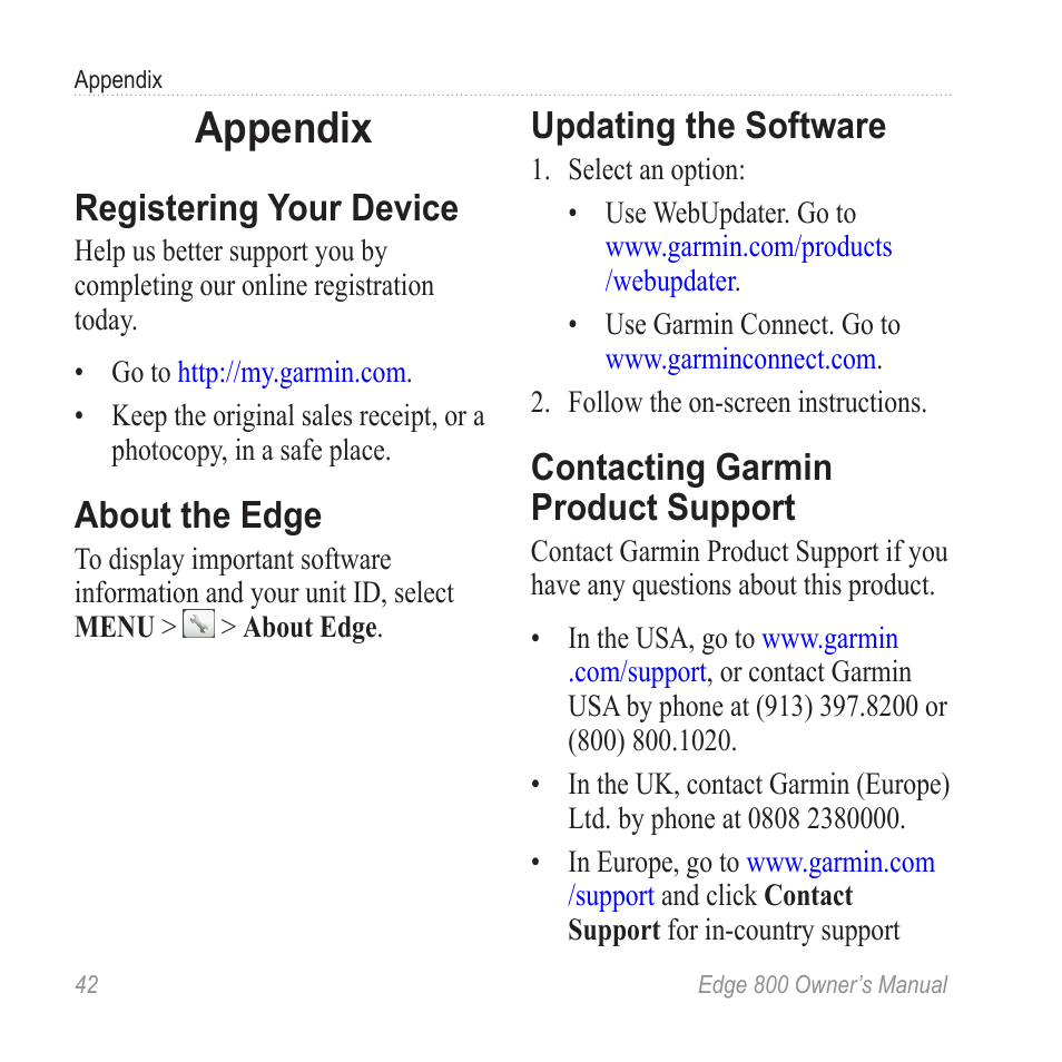 Appendix, Registering your device, About the edge | Updating the software, Contacting garmin product support, Contacting garmin product, Support | Garmin Edge 800 User Manual | Page 46 / 60