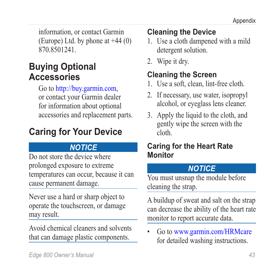 Buying optional accessories, Caring for your device | Garmin Edge 800 User Manual | Page 47 / 60