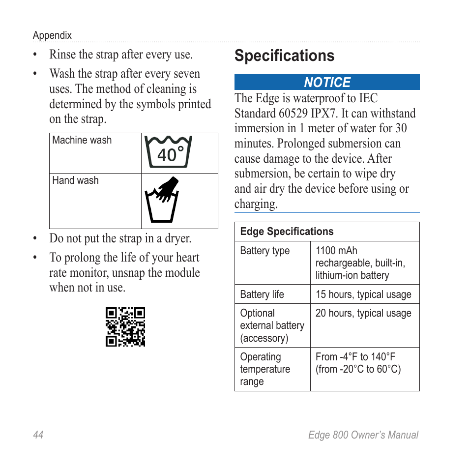 Specifications | Garmin Edge 800 User Manual | Page 48 / 60