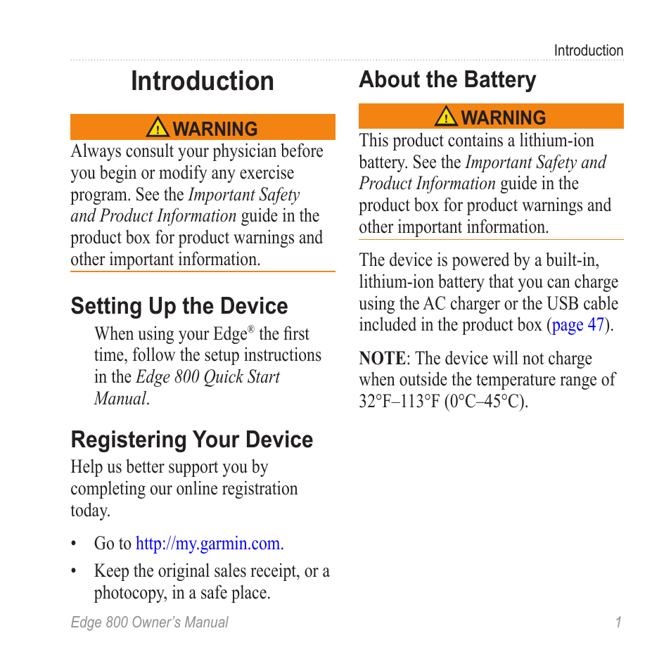 Introduction, Setting up the device, Registering your device | About the battery | Garmin Edge 800 User Manual | Page 5 / 60