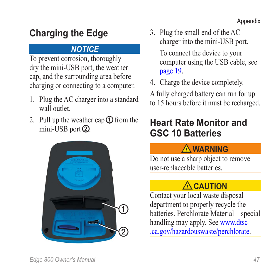 Charging the edge, Heart rate monitor and gsc 10 batteries, Heart rate monitor and gsc 10 | Batteries | Garmin Edge 800 User Manual | Page 51 / 60