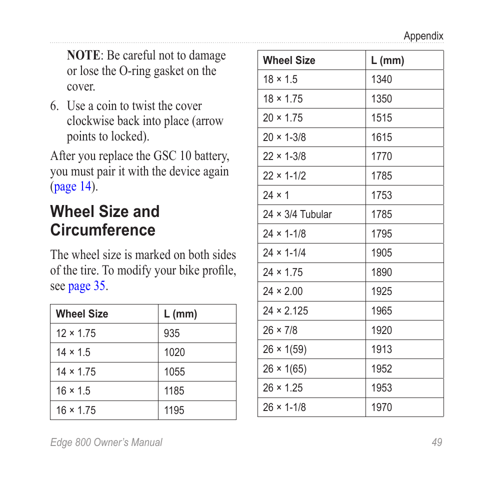 Wheel size and circumference | Garmin Edge 800 User Manual | Page 53 / 60