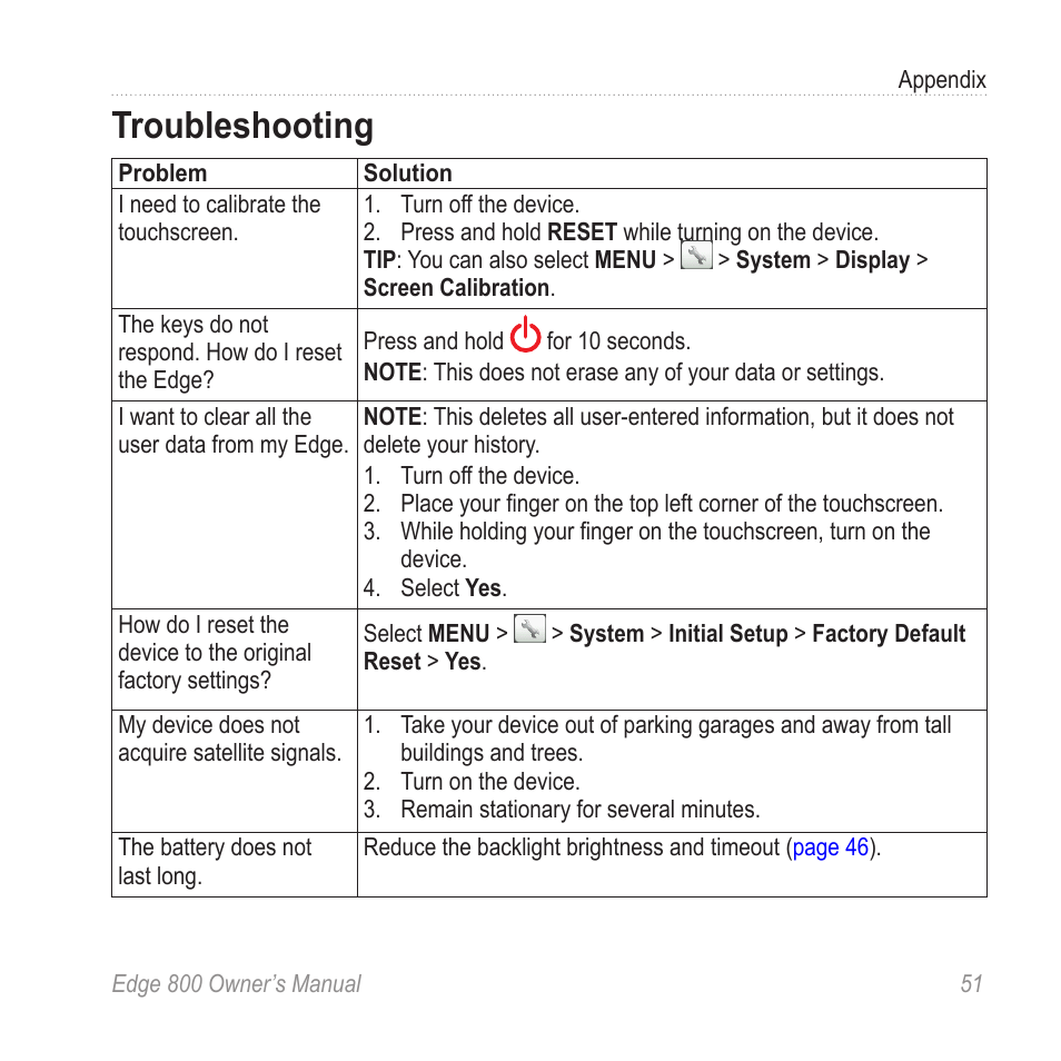 Troubleshooting | Garmin Edge 800 User Manual | Page 55 / 60