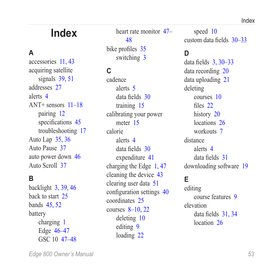 Index | Garmin Edge 800 User Manual | Page 57 / 60