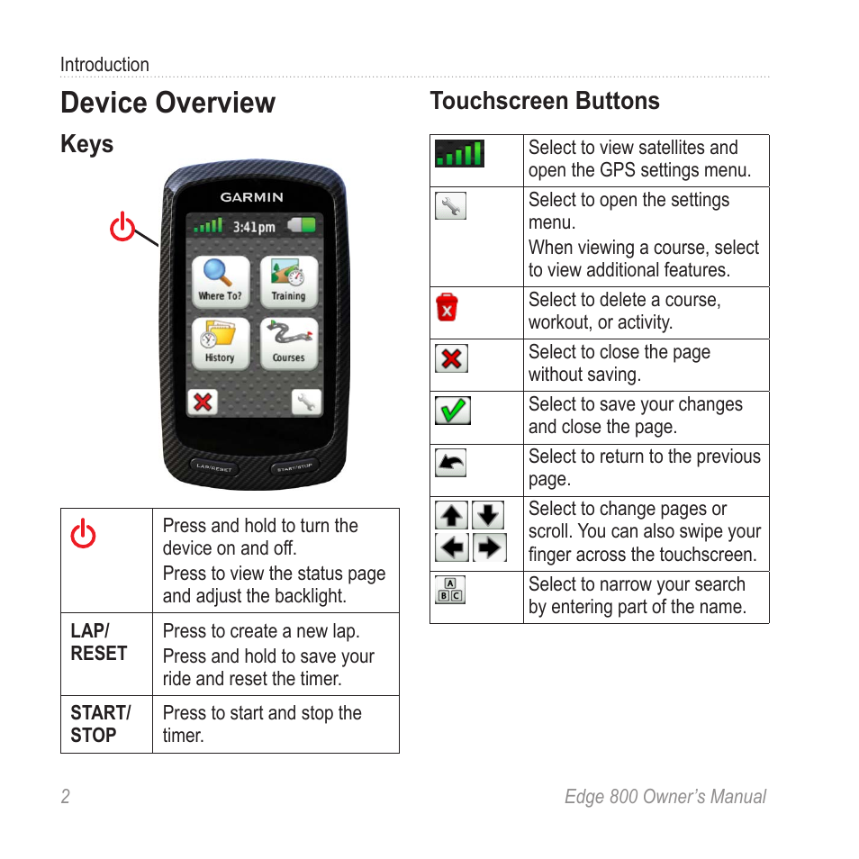 Device overview, Keys, Touchscreen buttons | Garmin Edge 800 User Manual | Page 6 / 60