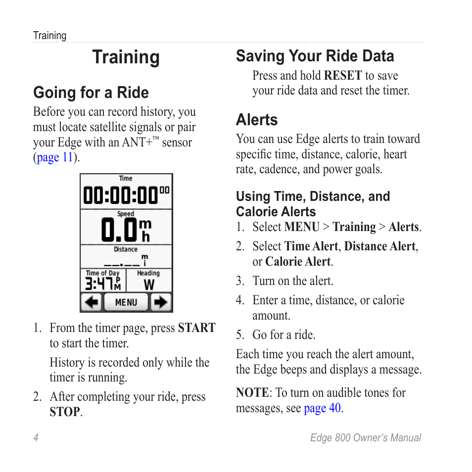 Training, Going for a ride, Saving your ride data | Alerts | Garmin Edge 800 User Manual | Page 8 / 60