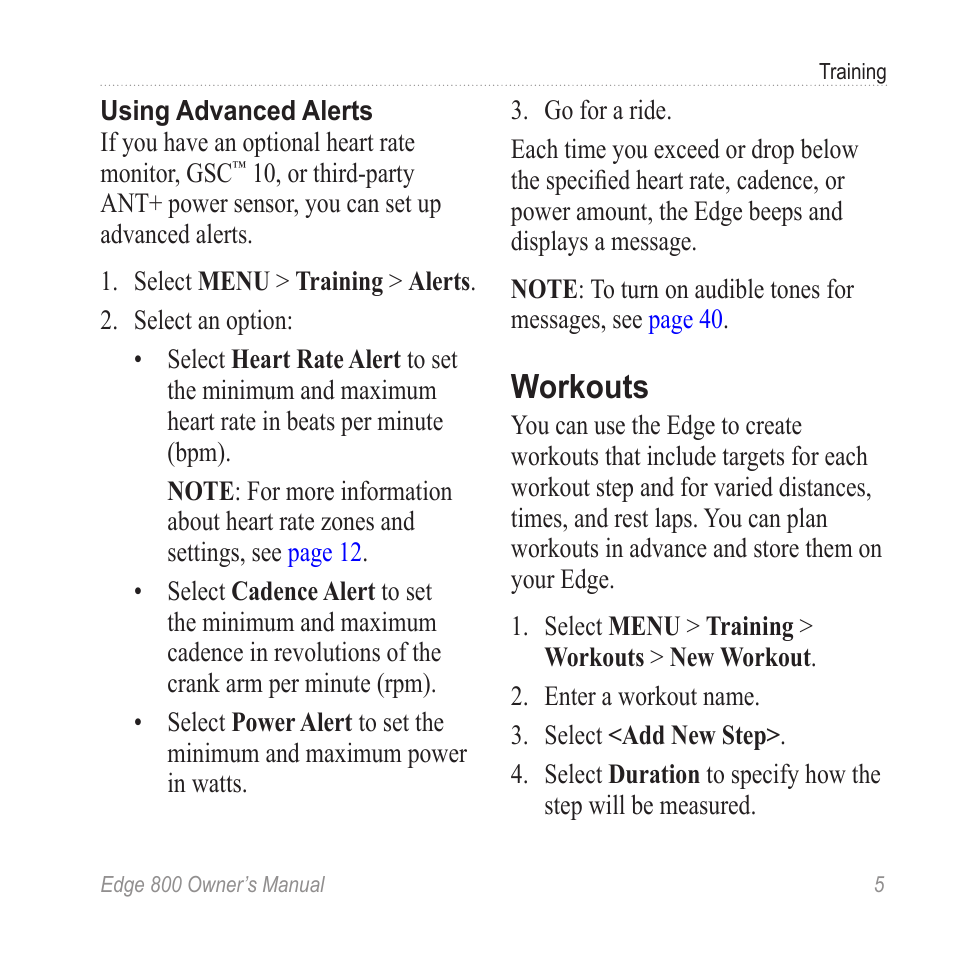 Workouts | Garmin Edge 800 User Manual | Page 9 / 60