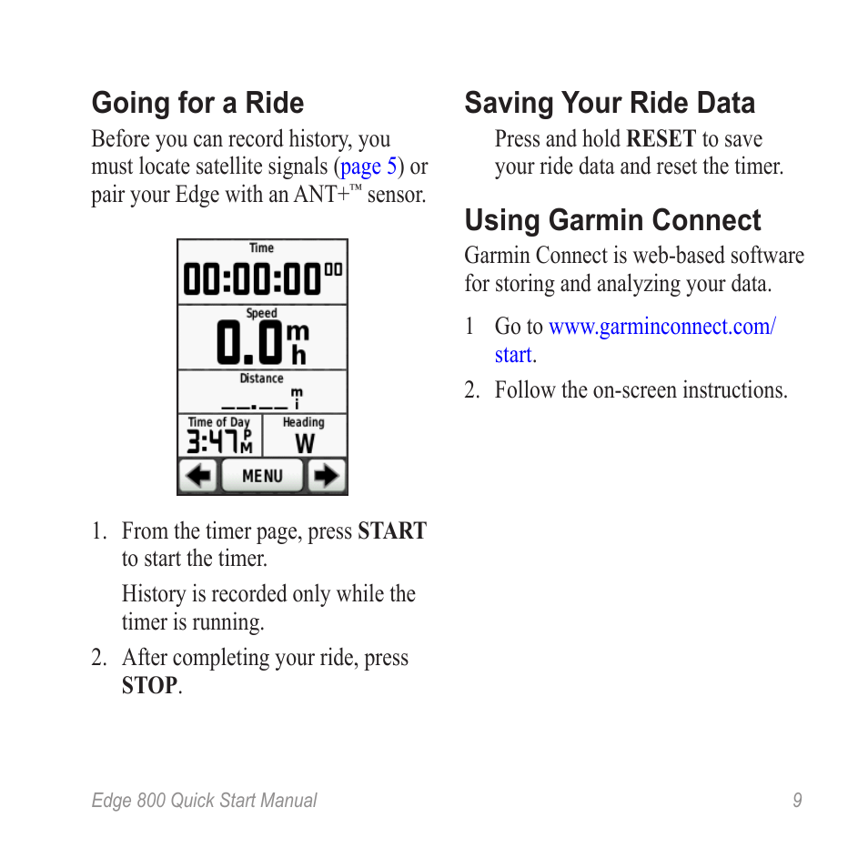 Go for a ride, Going for a ride, Saving your ride data | Using garmin connect | Garmin Edge 800 User Manual | Page 11 / 16