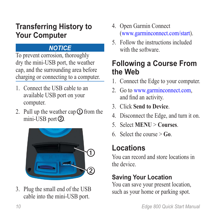 Transferring history to your computer, Following a course from the web, Locations | Garmin Edge 800 User Manual | Page 12 / 16