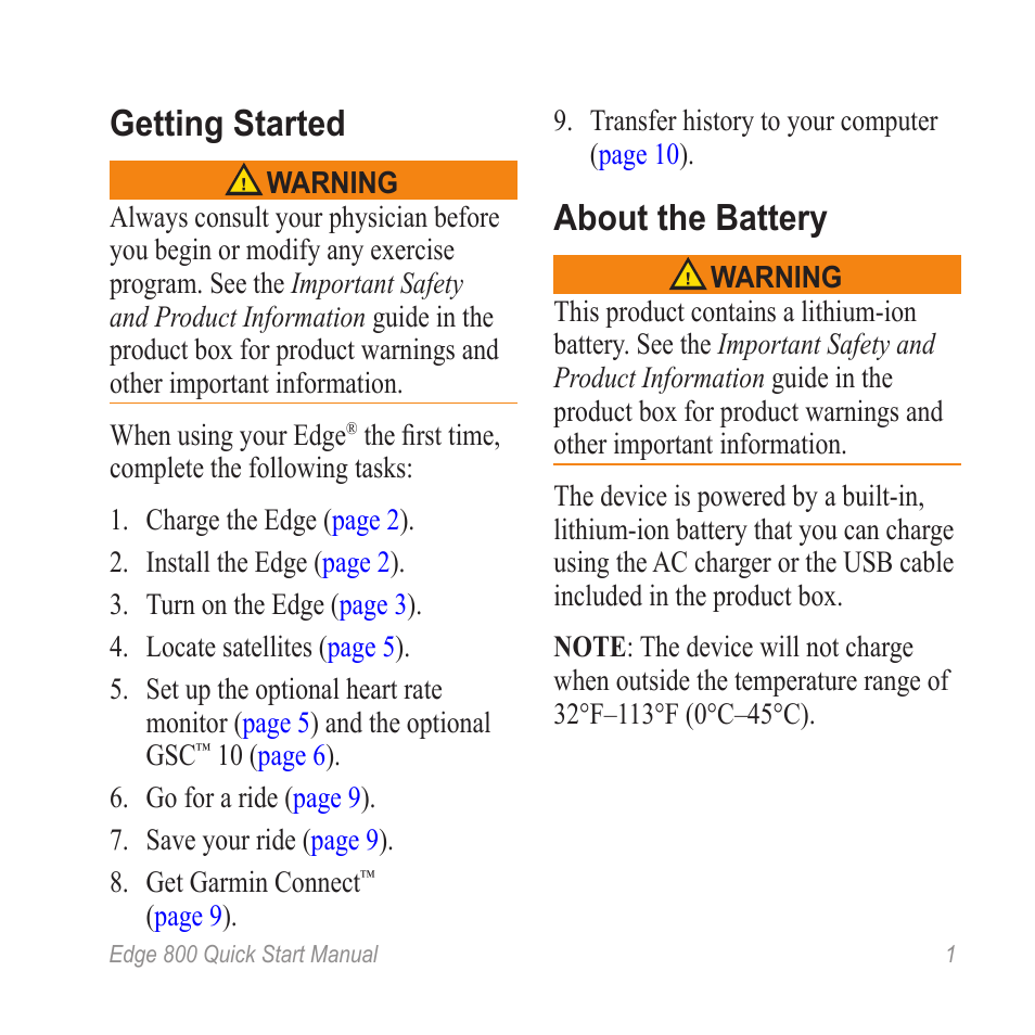 Getting started, About the battery | Garmin Edge 800 User Manual | Page 3 / 16