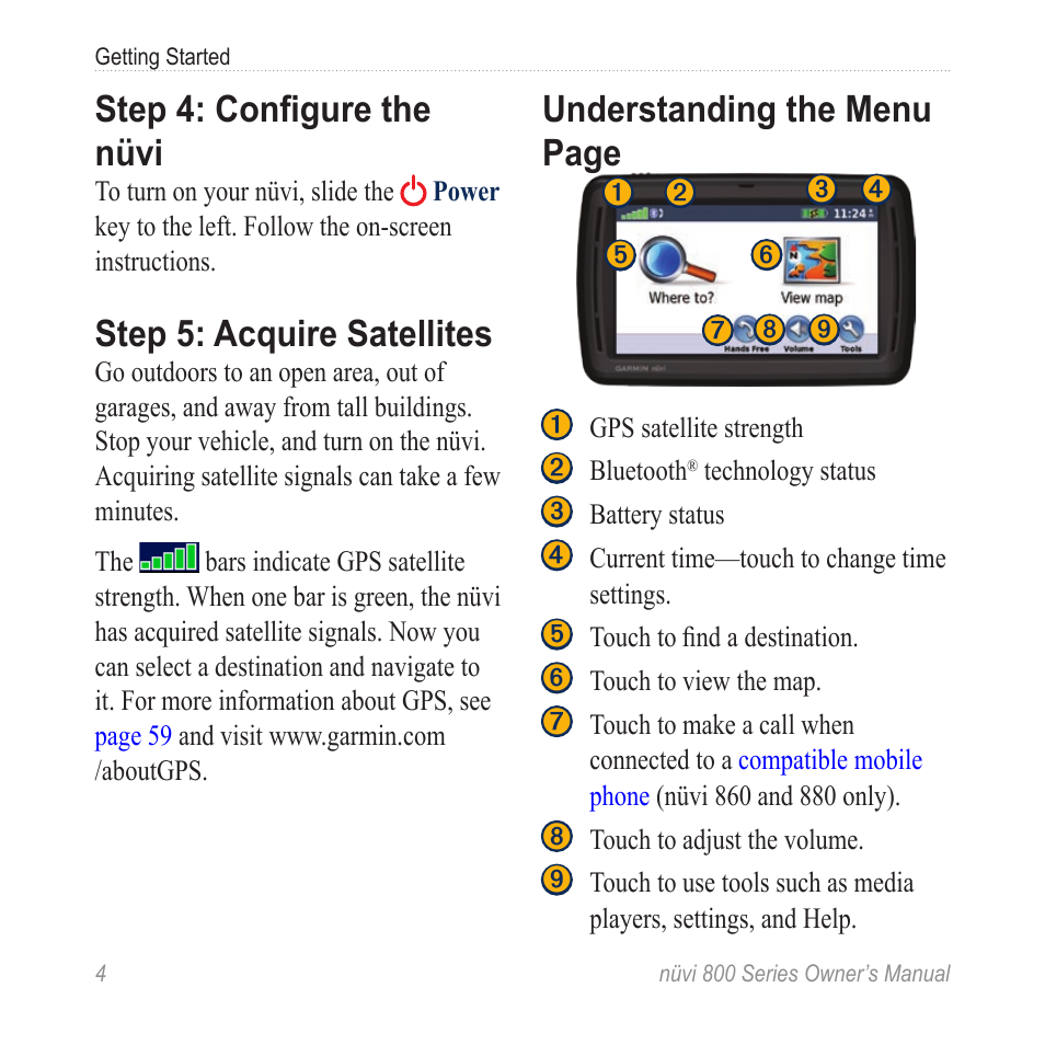 Step 4: configure the nüvi, Step 5: acquire satellites, Understanding the menu page | Garmin nuvi 800 User Manual | Page 10 / 76