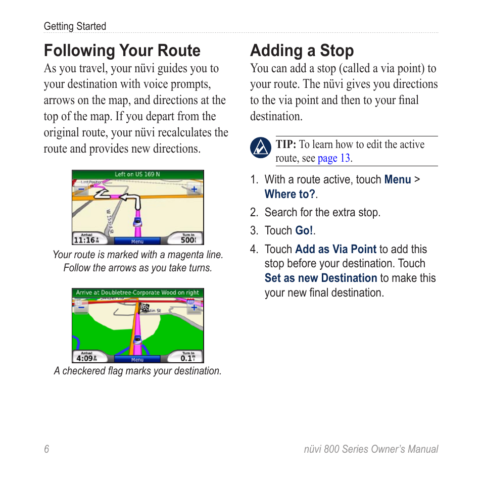 Following your route, Adding a stop | Garmin nuvi 800 User Manual | Page 12 / 76