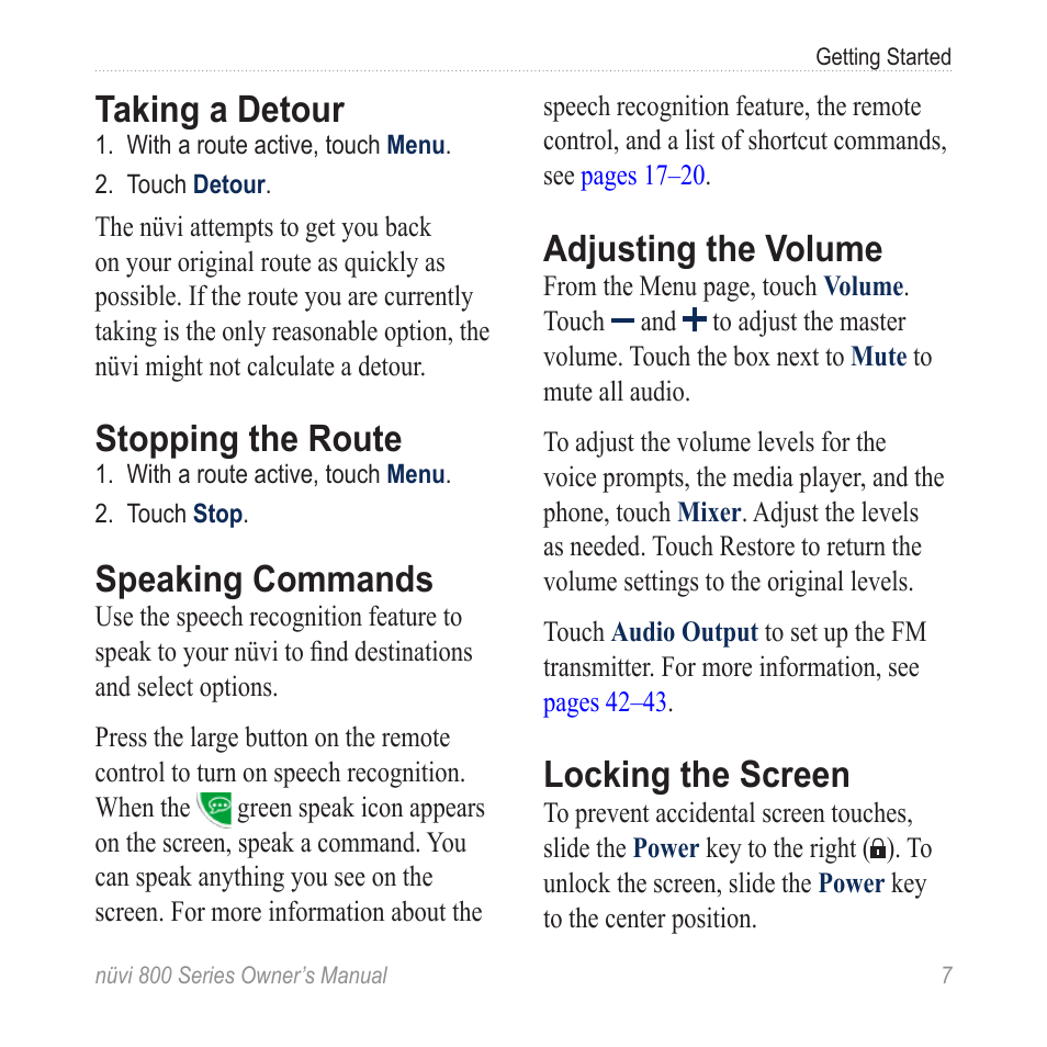 Taking a detour, Stopping the route, Speaking commands | Adjusting the volume, Locking the screen | Garmin nuvi 800 User Manual | Page 13 / 76