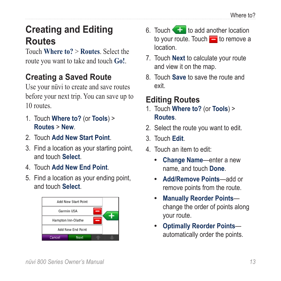 Creating and editing routes, Creating a saved route, Editing routes | Garmin nuvi 800 User Manual | Page 19 / 76