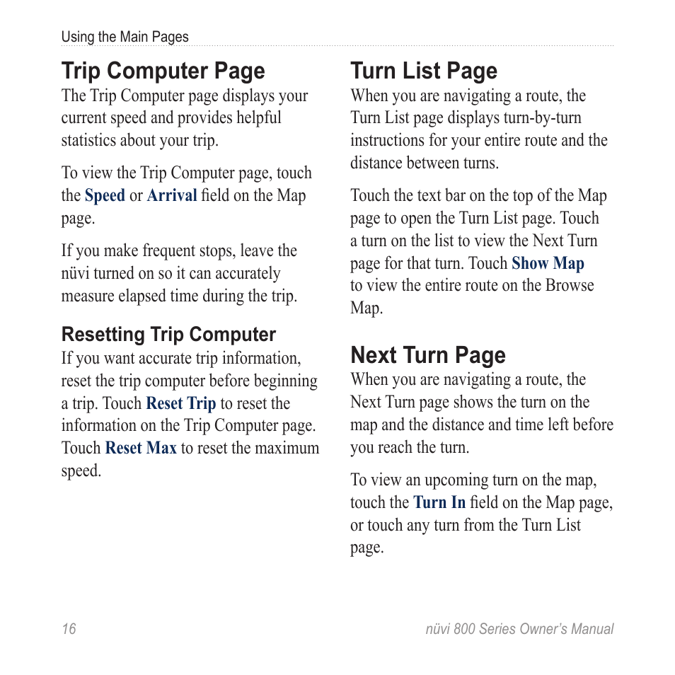 Trip computer page, Turn list page, Next turn page | Garmin nuvi 800 User Manual | Page 22 / 76