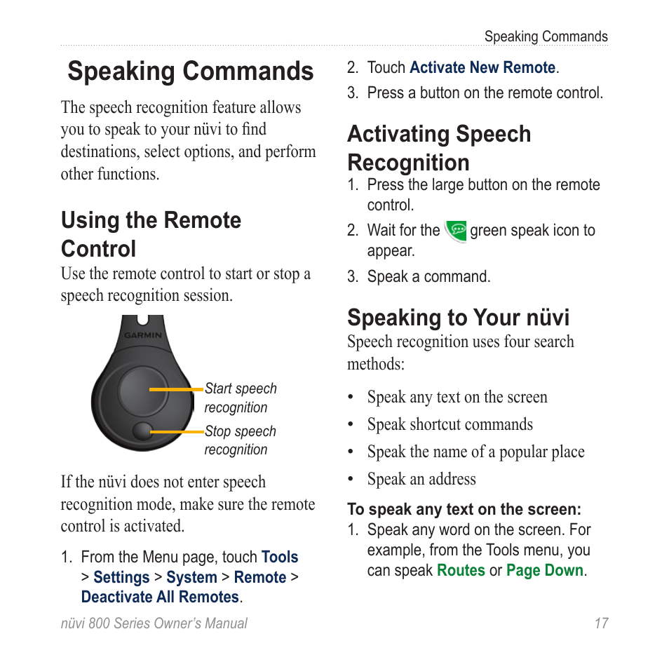 Speaking commands, Using the remote control, Activating speech recognition | Speaking to your nüvi | Garmin nuvi 800 User Manual | Page 23 / 76