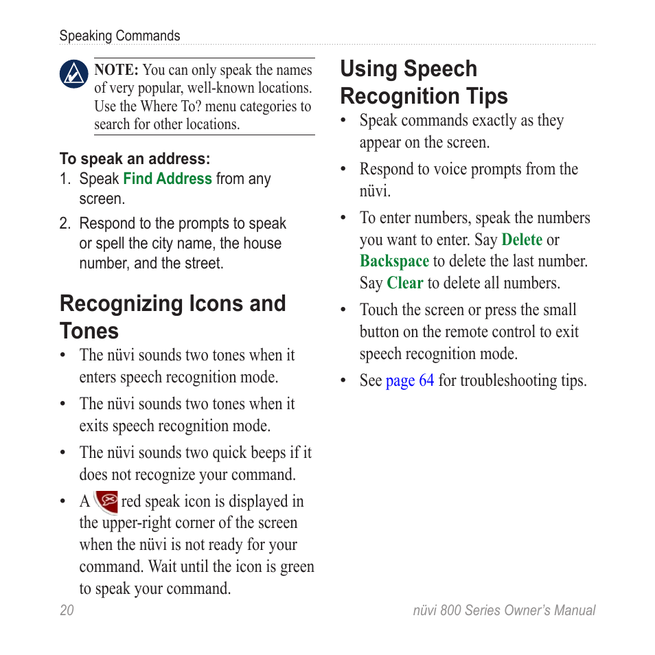 Recognizing icons and tones, Using speech recognition tips | Garmin nuvi 800 User Manual | Page 26 / 76